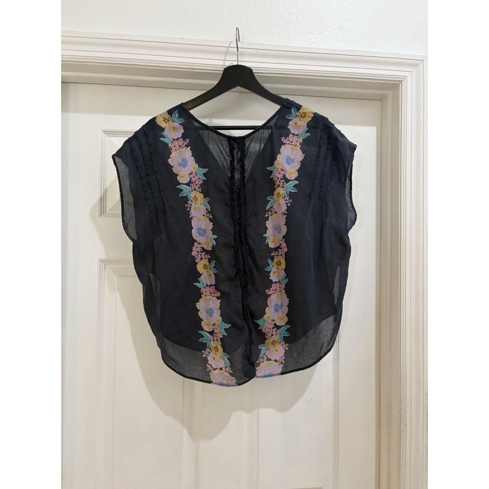 Free People Floral Embroidered Sheer Boho Blouse Top Black Women Size Medium - Picture 7 of 8